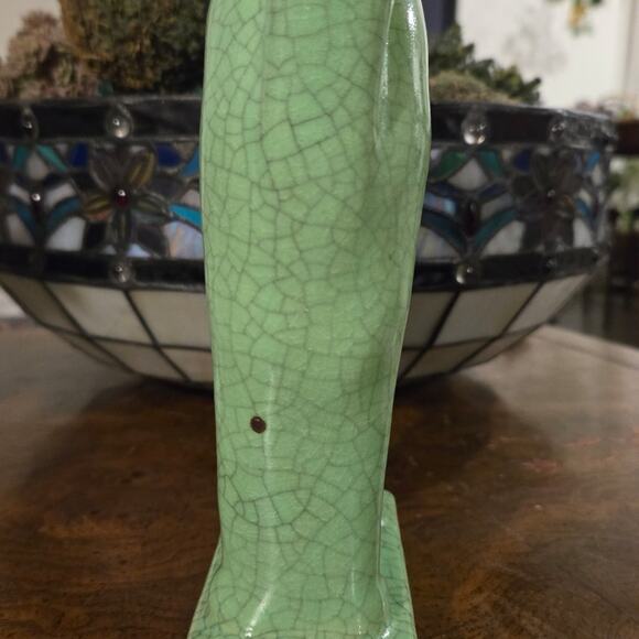 Antique Japanese Celadon Crackle Glazed Green Porcelain Cat Figurine - Picture 8 of 12